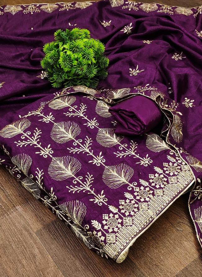 Vichitra Silk Purple Traditional Wear Embroidery Work Dress Material